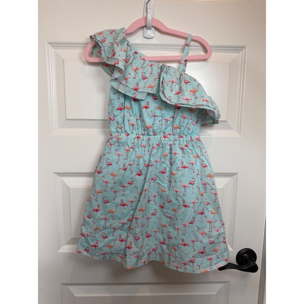 28.Janie and Jack Girls Blue Pink Flamingo One Shoulder Ruffle Dress Size 6